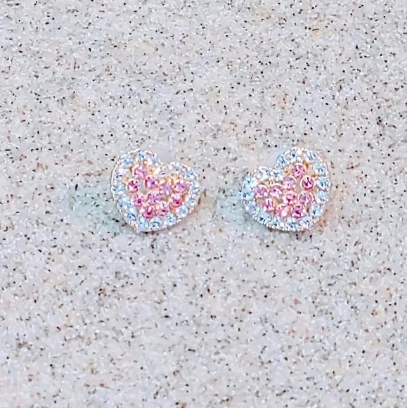 DOUBLE HEART PINK & CLEAR CUBIC ZIRCONIA SURGICAL STEEL STUD EARRINGS - Picture 5 of 9